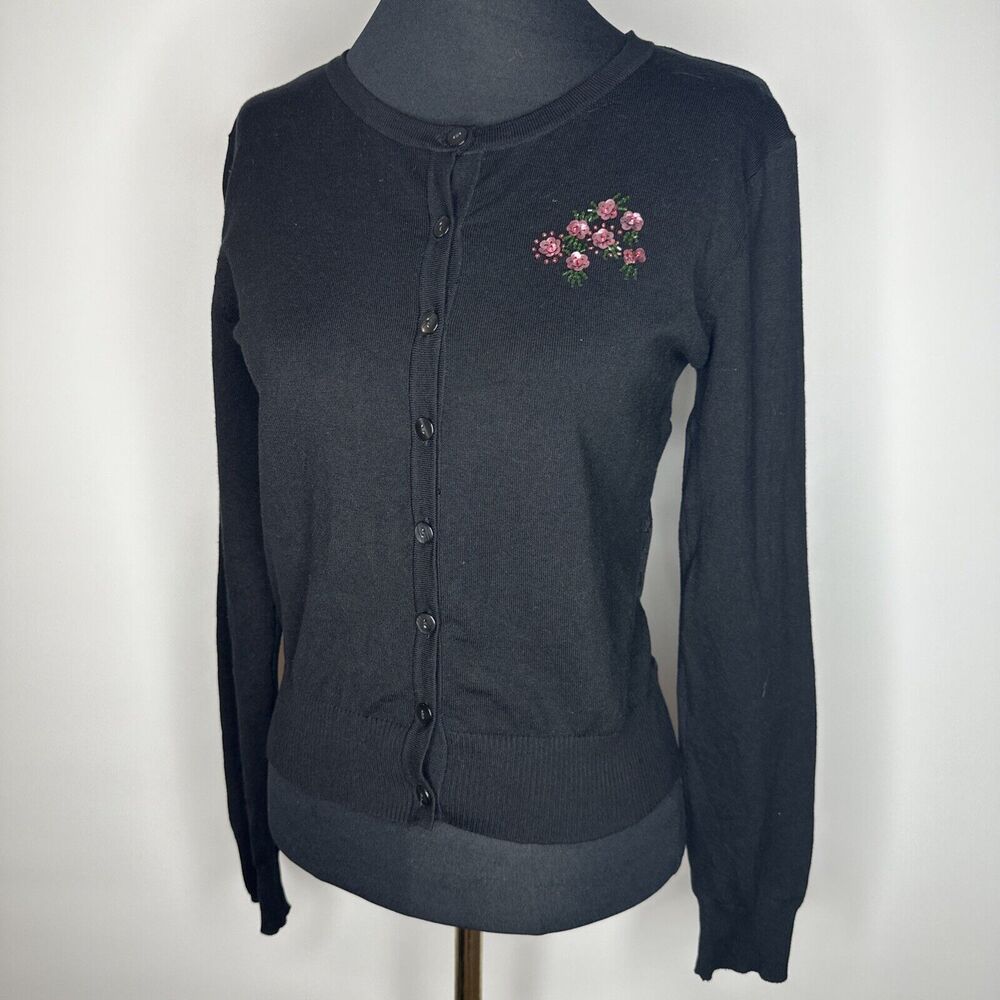 Vintage Black Cardigan Pink Flower Chest Embroidery Floral Lace Sheer Back Small